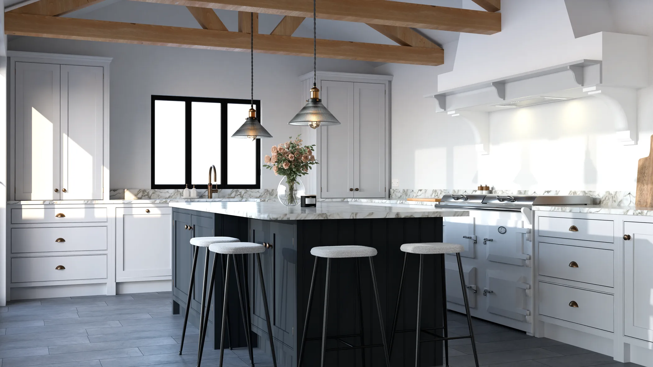 Bright kitchen with white cabinetry, dark island and timber beams