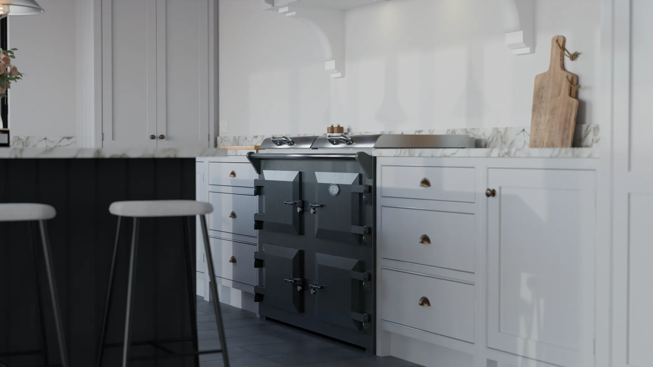 Graphite range cooker set among white cabinets