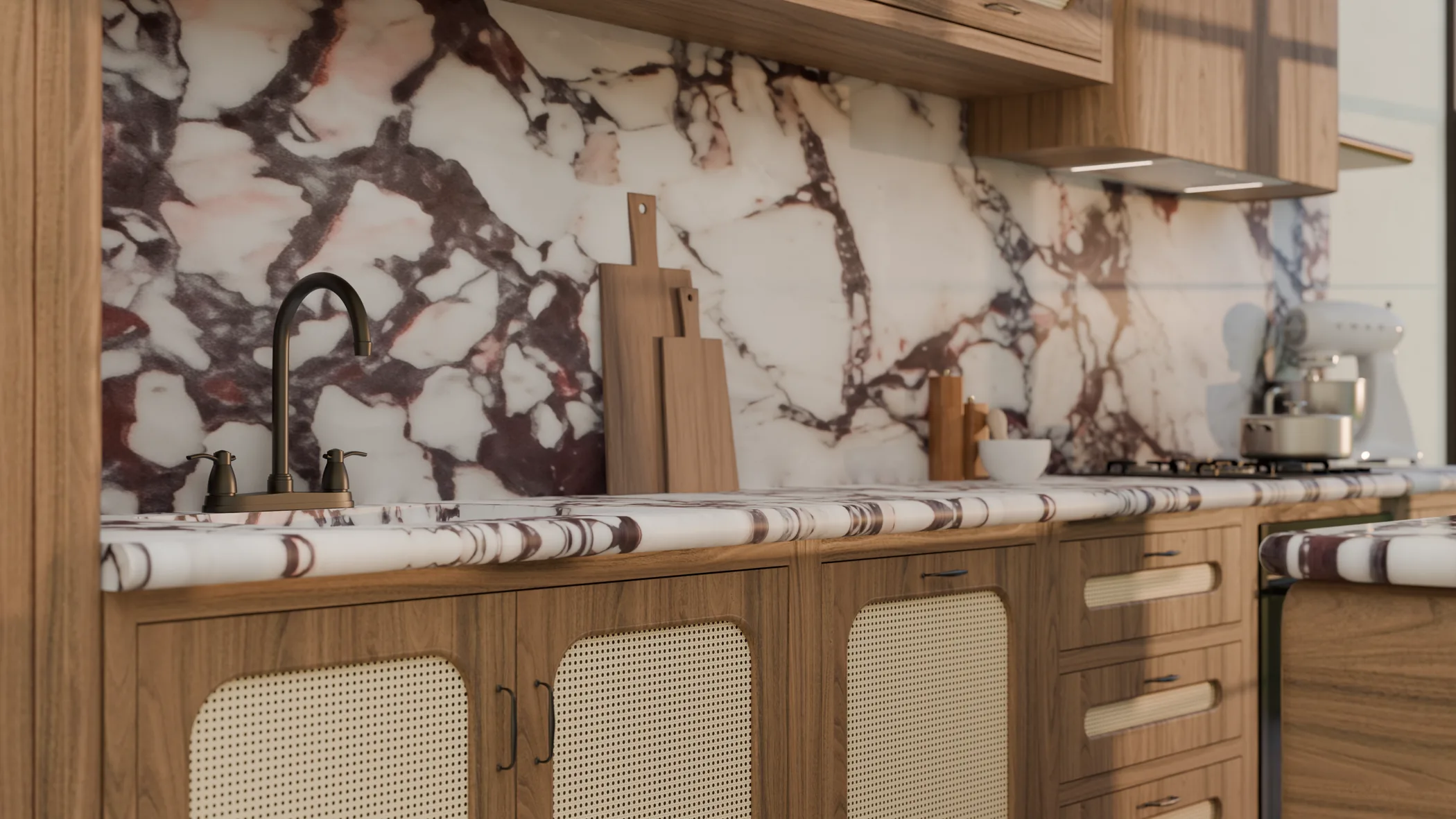 Close view of marble worktops and timber cabinet fronts
