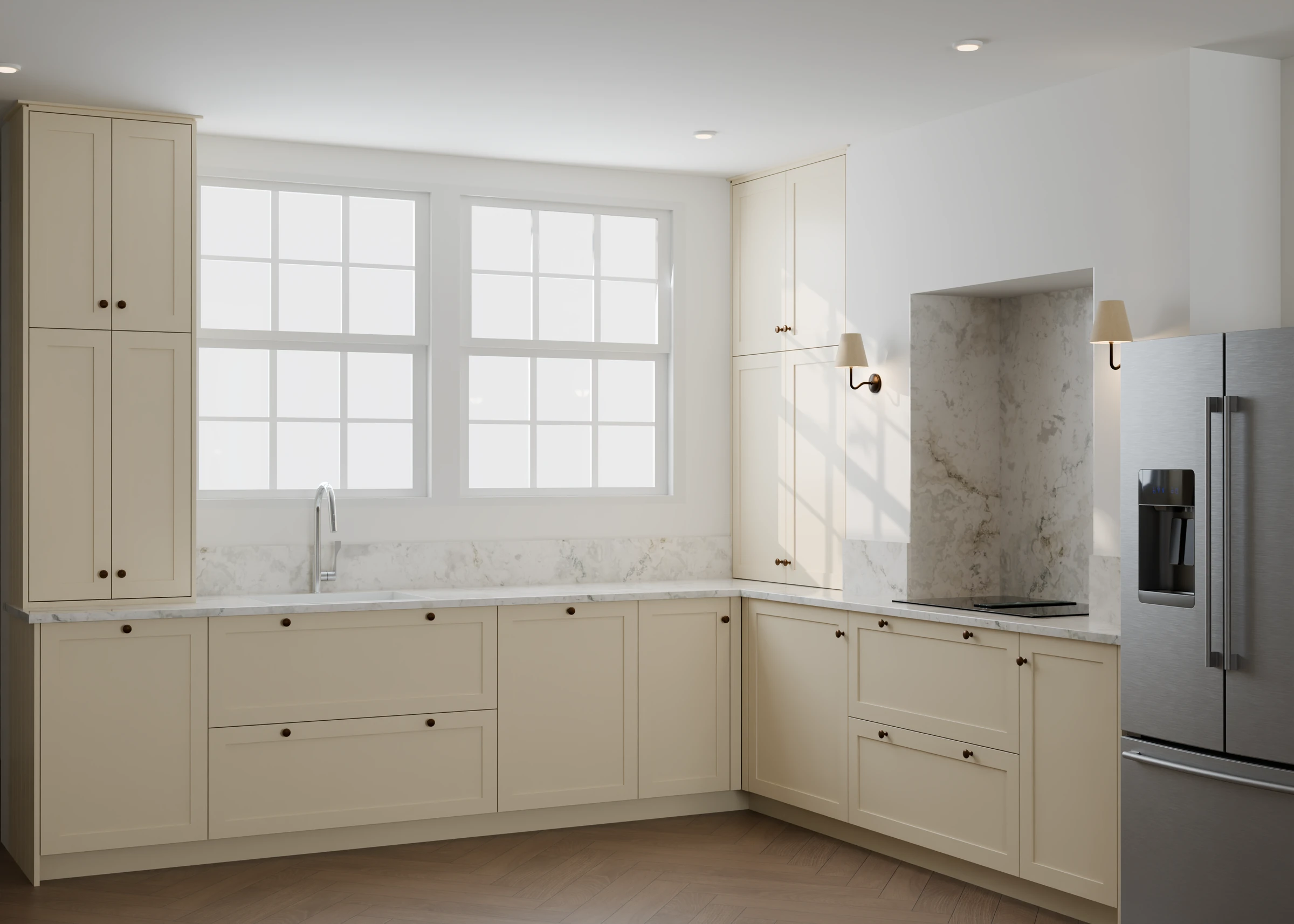 Bespoke cream kitchen showing the layout without the island