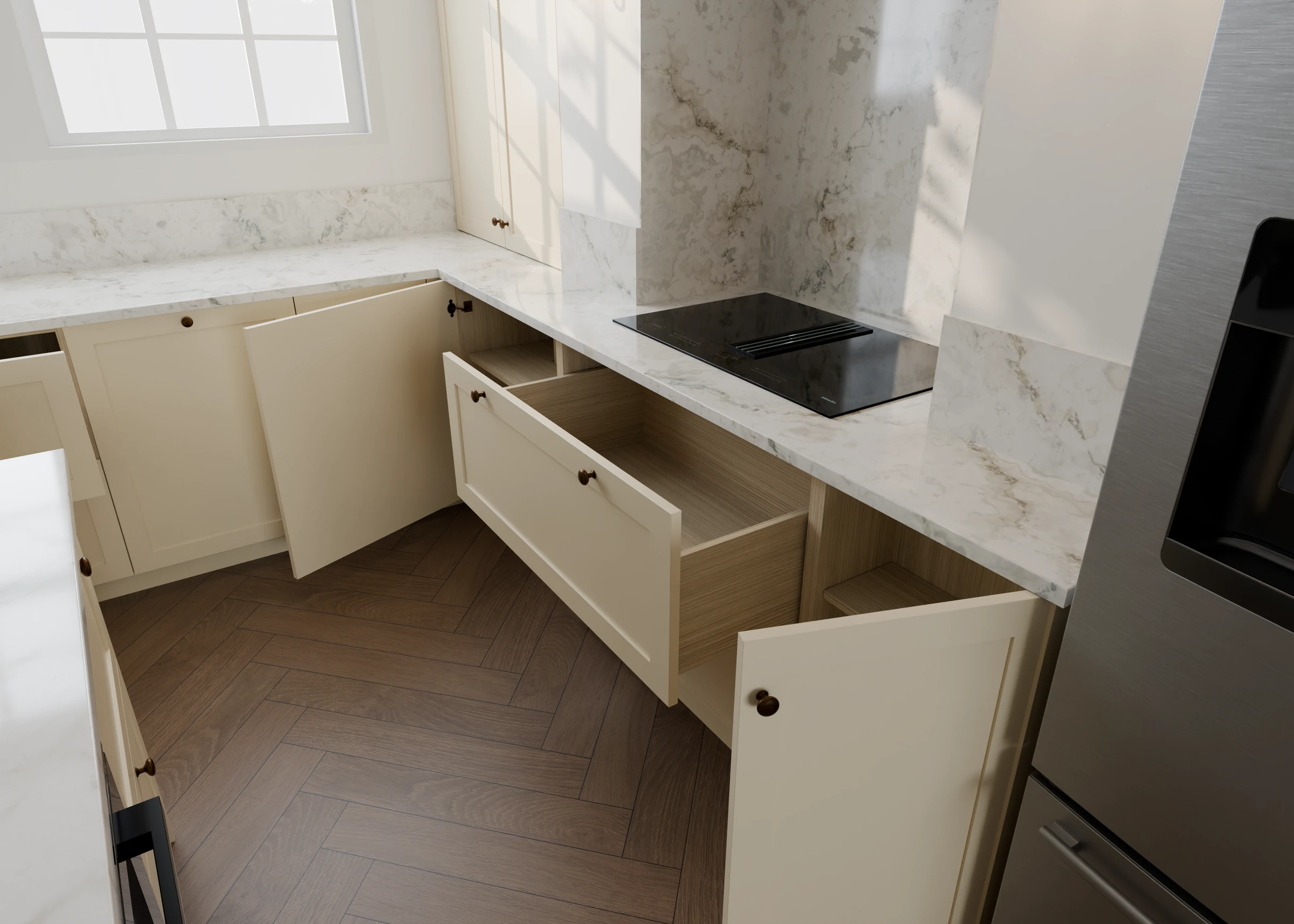 Open cupboards showing timber shelving and cabinet interiors